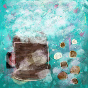 A full view of "After The Kids Go To Bed," a heartfelt artwork featuring a brown coffee cup with warm steam rising through the air and comforting chocolate candies. The background is a rich mix of light and dark emerald green, evoking a sense of relaxation and warmth. This artwork celebrates the quiet, well-deserved moments of peace for moms after a busy day.