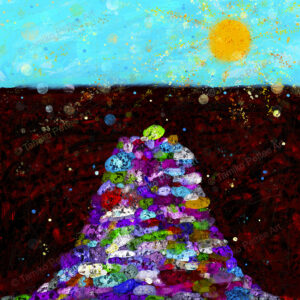 A colorful abstract artwork titled "Almost There," featuring a mountain of vibrant gem-like stones under a turquoise blue sky with a shining sun in the top-right corner. The scene is illuminated with small, colorful round spots that express bright sunlight, symbolizing perseverance and hidden beauty in the journey toward a dream.
