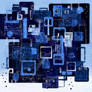 Geometric abstract artwork titled "Await My Dreams," featuring light and dark blue square and circular shapes. The design expresses complexity, organization, and a strong will to achieve goals. This artwork symbolizes persistence and determination, inspiring collectors and art lovers.