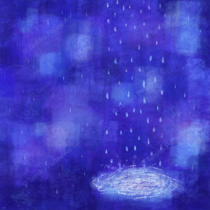 Abstract artwork titled "Blue Rain," featuring a white water puddle with rain pouring into it against a blue and purple background. Pastel shades of light blue, pink, and purple create a feeling of happiness and freshness, symbolizing renewal and the pursuit of dreams.