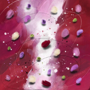 Abstract artwork titled "Enchantment," featuring a vivid red background with colorful brush marks in red, white, pink, purple, and light green. Each brush mark is accented by black shadows underneath, creating depth and dynamic contrast. A white stream resembling a spotlight adds emphasis, symbolizing the enriching power of art during tough times.