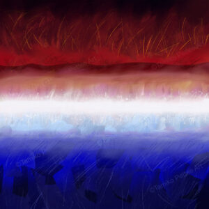 Abstract artwork titled "Everything in Moderation," featuring a balance of fiery and cool elements. The top depicts an explosion of red mountains with a dark red sky symbolizing heat, while the bottom portrays deep, cold water with dark blue transitioning to light blue. The center features a gradient from pure white to pink, orange, and red upward, and white to light blue, purple, and dark blue downward. This piece symbolizes balance and intentional living.