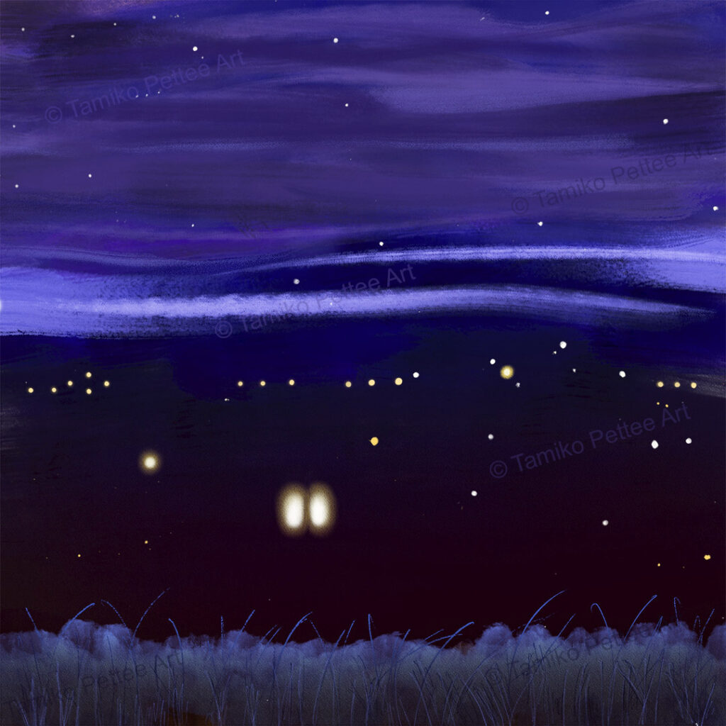 "Happiness" artwork featuring small lights and two larger window-like lights shining far away in a dark valley. The perspective is as if standing in front of bushes and looking down a valley with lights shining far away. The night sky features light and dark purple tones, creating a serene atmosphere of comfort and quiet joy.
