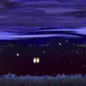 "Happiness" artwork featuring small lights and two larger window-like lights shining far away in a dark valley. The perspective is as if standing in front of bushes and looking down a valley with lights shining far away. The night sky features light and dark purple tones, creating a serene atmosphere of comfort and quiet joy.