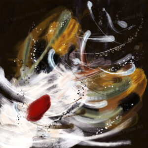 "Never Stop" abstract artwork featuring a red brush mark representing perseverance and determination. The red mark weaves through long feather-like strokes in white, green, and orange, symbolizing the journey toward achieving goals.