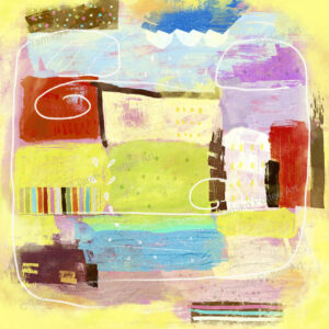 "Nostalgic Summer" artwork with a fresh yellow tone, featuring playful lines, rectangles, and polka dot marks that evoke the carefree days of childhood. Inspired by lemonade, blue skies, and childhood memories, the artwork captures a sense of joy and nostalgia.