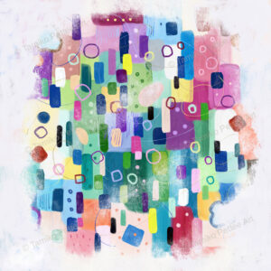 "Peeking Into The Party" artwork featuring colorful shapes of rectangles and circles surrounded by fuzzy whites, symbolizing the view of a lively party through a cloudy window. Perfect for introverts and collectors looking for meaningful and thought-provoking art.