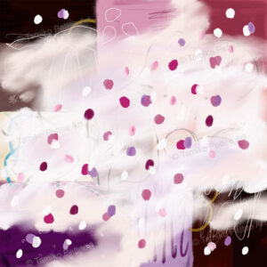 "Sakura" artwork featuring cherry blossom petals in wine red, light purple, pink, and white, falling gracefully from the top right corner against a white fog. The background consists of square palettes in wine red, pink, light purple, dark purple, and dark brown, symbolizing appreciation and strength inspired by the beauty of cherry blossoms.
