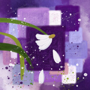 "You Are Still You," an abstract artwork with a layered background of squares in dark purple, light purple, pink, white, and bluish purple tones. A delicate white flower droops from its stem, with a few petals falling off. The sharp clarity of the flower contrasts with the soft, unfocused background, emphasizing resilience and self-worth.