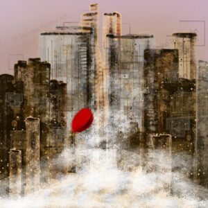 "Lost in Time" artwork featuring a vibrant red mark floating in a sepia-toned cityscape of tall buildings. The piece symbolizes the passage of time and the realization that change is a natural part of growth, inspired by reuniting with friends after a decade and finding joy in building new relationships.