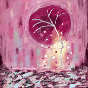 ”Pink Wabi Sabi" artwork with a pink background and accents of light green, blue, and yellow. A tree-like object with silver branches and a round, dark reddish-pink crown has red and white dots falling from it. Marble-like stones in black, grey, light green, and light blue are piled at the bottom, symbolizing Japanese temple gardens. The piece reflects simplicity, imperfection, and the beauty of uniqueness.