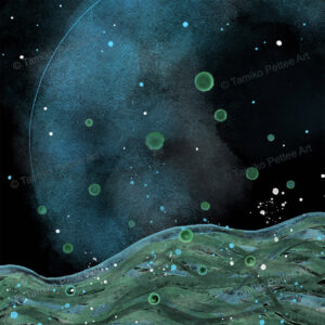 "Subconsciously," a modern abstract artwork featuring a large moon-like shape with light layers of green, surrounded by ribbon-like waves of varying green tones at the bottom. Fuzzy bubbles in shades of green, blue, and white float in the black background, evoking the serene and mysterious beauty of a moonlit ocean at night.