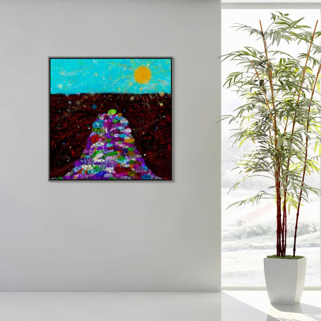 Framed artwork "Almost There" in a grey floating frame displayed on a smooth white stone wall next to a large window. A tall green plant in a white vase stands nearby, creating a bright, minimalist setting.
