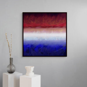 Medium-sized framed artwork "Everything In Moderation" in a black floating frame displayed on a grey wall. Decorative white blocks hold a transparent black vase with tall white flowers and a white sculptural face object.