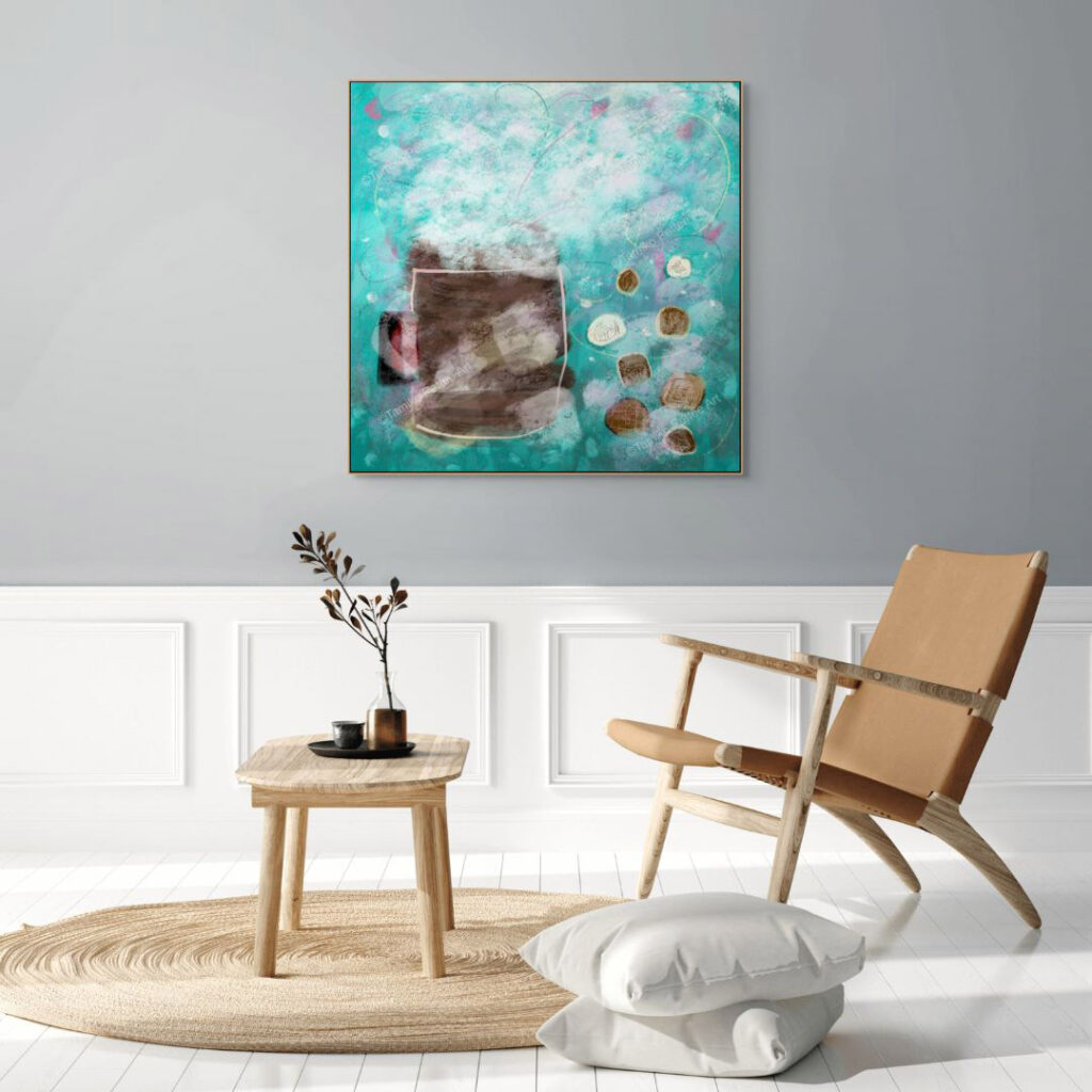 A big canvas print in the frame is on the gray wall in the minimalistic personal space.