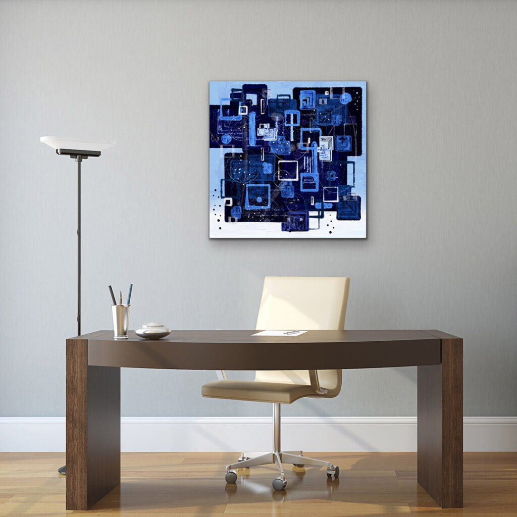 A medium size of canvas print of Await My Dreams is on the wall behind a sophisticated desk.