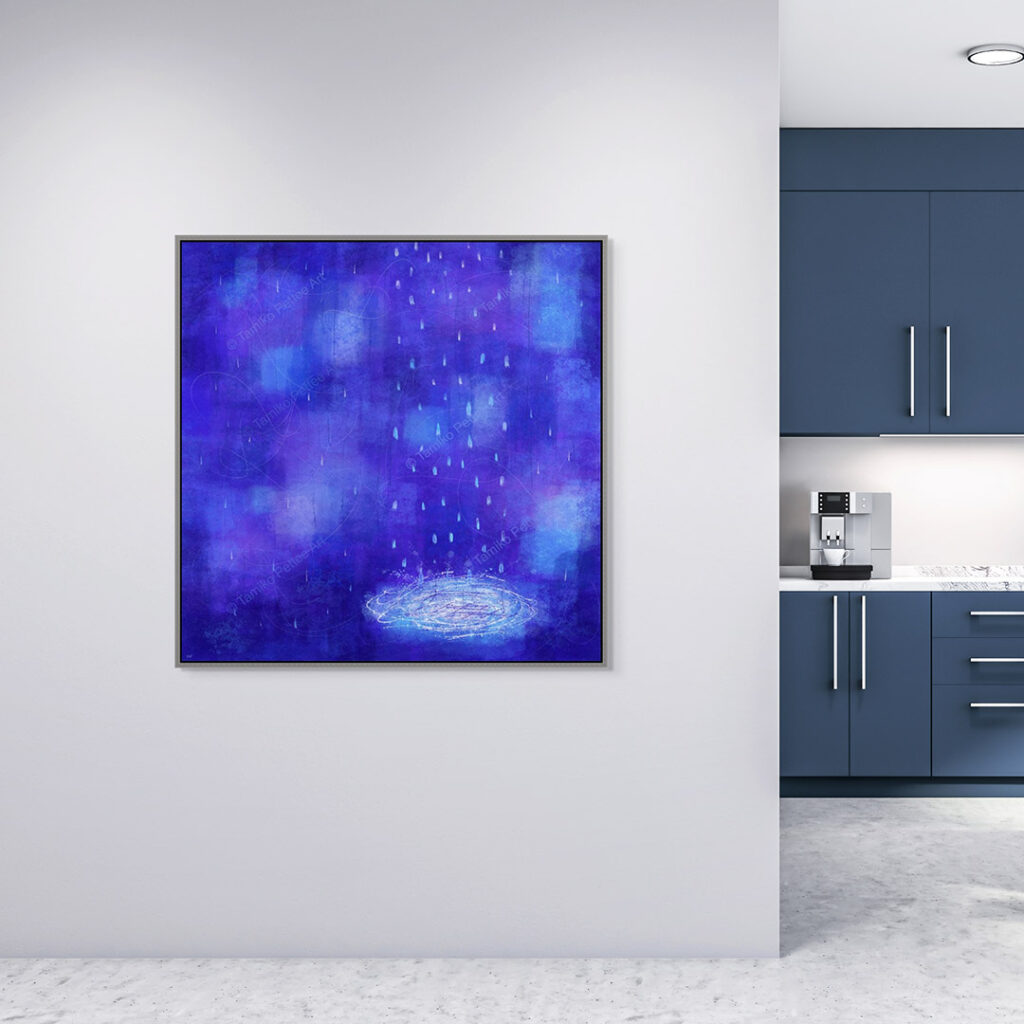 A big canvas art of Blue Rain is on the wall in the hallway. There a graysh blue kitchen behind.