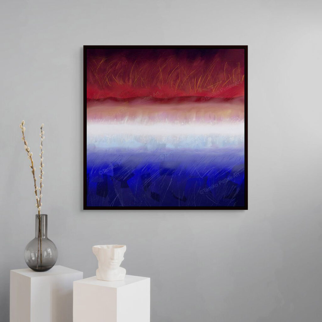 A medium size of canvas print in a black floating frame is on a wall behind bases and cubical objects.