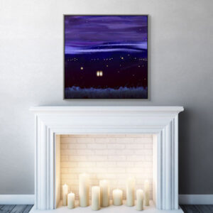 A canvas print of Happiness is over a white modern fireplace.