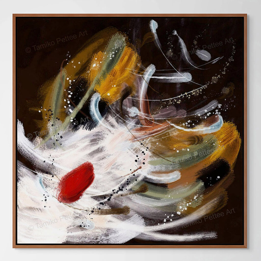 A canvas print in a dark brown floating frame.