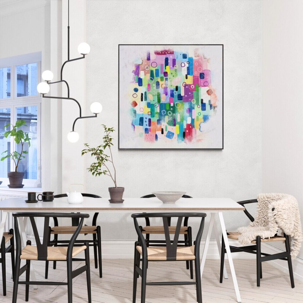 The big canvas art of Peeking Into The Party is on the wall in the modern luxury dining room.