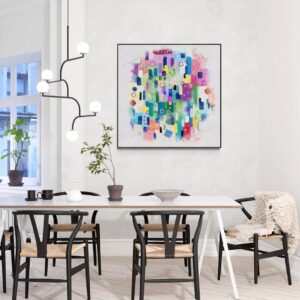 The big canvas art of Peeking Into The Party is on the wall in the modern luxury dining room.