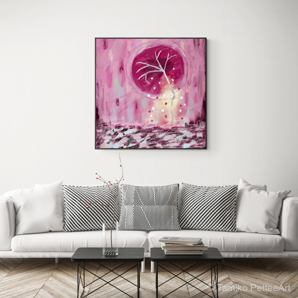 A big canvas print of Pink Wabi Sabi is on the wall above sophisticated earthy color of grayish couch.