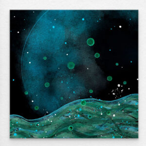 Whole image of the artwork of Subconsciously. Misterious green waves and moon shape in the art.