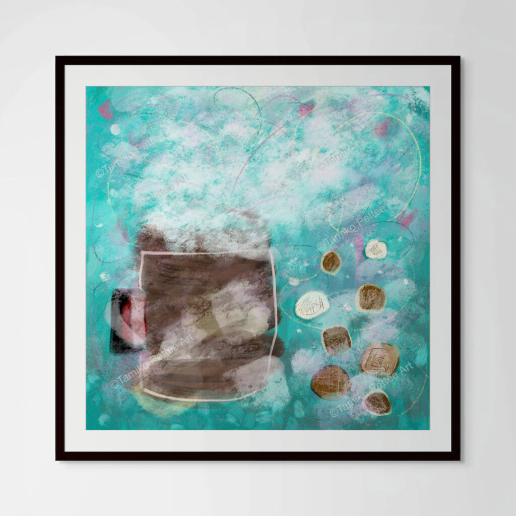 Close-up of the "After The Kids Go To Bed" paper print in a black matted glass frame, showcasing the fine art details and texture on museum-quality paper.