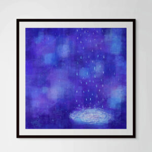 Close-up of the "Blue Rain" fine art paper print in a black matted glass frame, showing the detailed texture and color depth of the artwork.