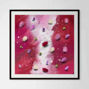 Close-up of the "Enchantment" fine art paper print in a black matted glass frame, capturing the artwork’s texture and vivid details.