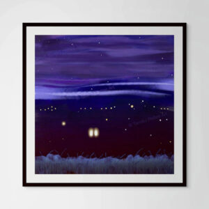 Close-up of the "Happiness" fine art paper print in a black matted glass frame, showcasing the artwork’s texture and soft color details.