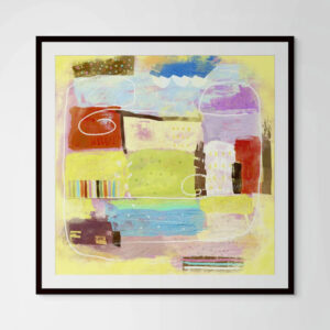 Close-up of the "Nostalgic Summer" fine art paper print in a black matted glass frame, highlighting the artwork’s playful details and bright color tones.