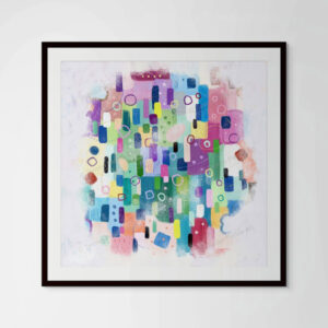 Close-up of the "Peeking Into The Party" fine art paper print in a black matted glass frame, showing the artwork’s color and texture details.