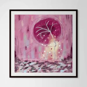 Close-up of the "Pink Wabi Sabi" fine art paper print in a black matted glass frame, highlighting the delicate textures and organic details of the artwork.