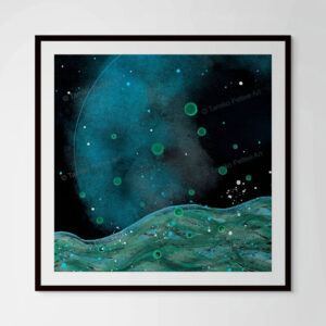 Small "Subconsciously" paper print in a black matted glass frame displayed above a black bookshelf, styled with a black sea-anemone-inspired decor piece and a white seashell — a minimal, modern setting.