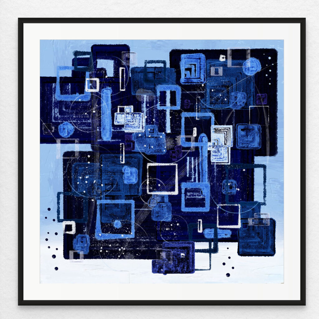 A canvas print is in a gray floating frame.