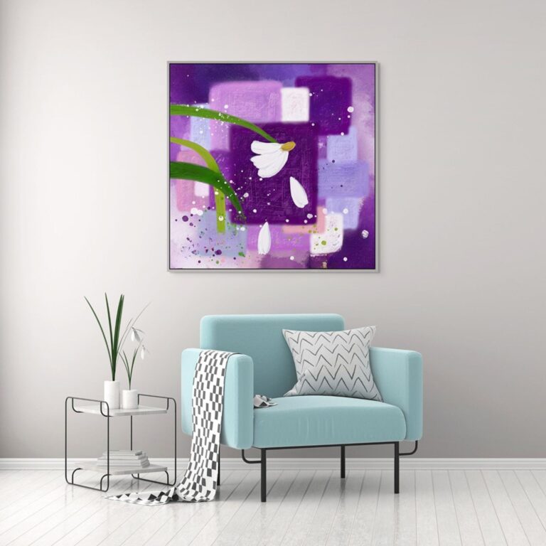 The canvas art of You Are Still You in a silver floating frame is on the wall behind a mint color of modern sofa.