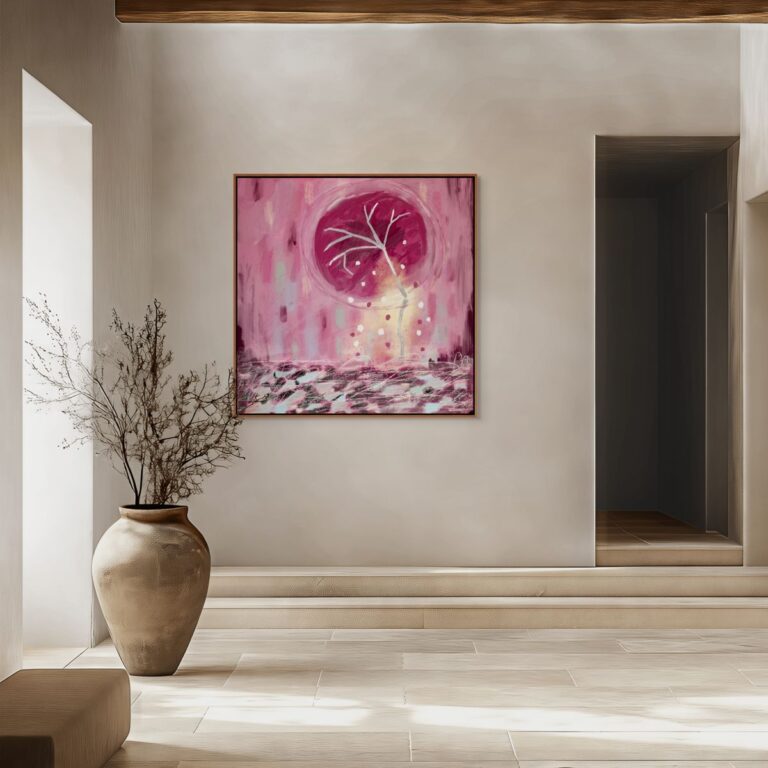 A big Pink Wabi Sabi canvas print in a floating frame is on the wall in the baige luxury hallway.
