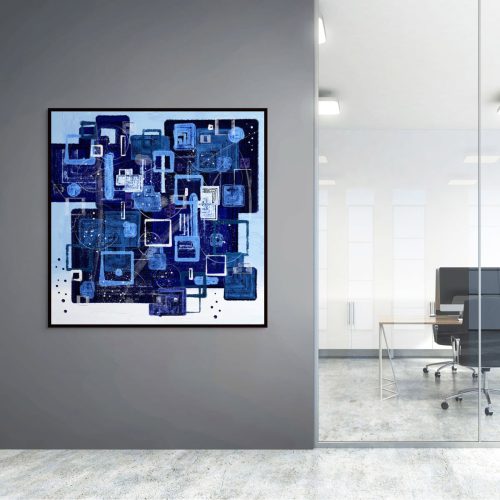 A big canvas print of Await My Dreams is on the hallway of modern cooperate office.