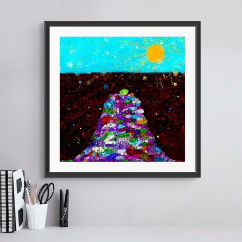 A small paper print of Almost There is onthe wall above a stationary station.