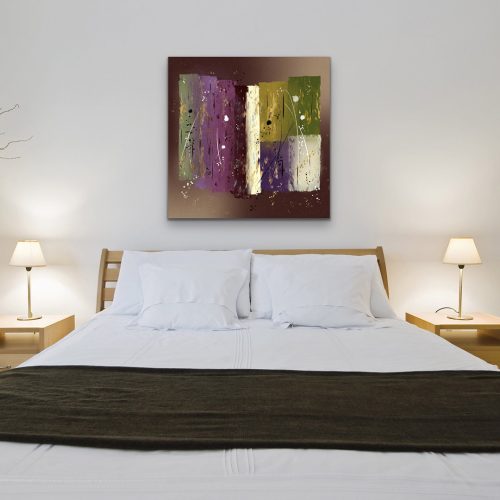 The stretched canvas of You Are Not Alone is above the natural clean zen looking hotel bed.
