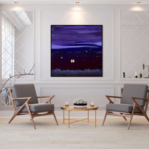 A big canvas art in a black floating frame of Happiness is on the big wall of a waiting room of saloon.