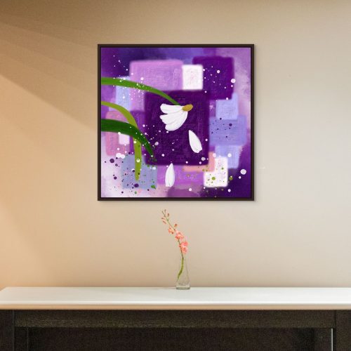 A medium size of a canvas print of You Are Still You is on the wall infront of a small flower above a black console.